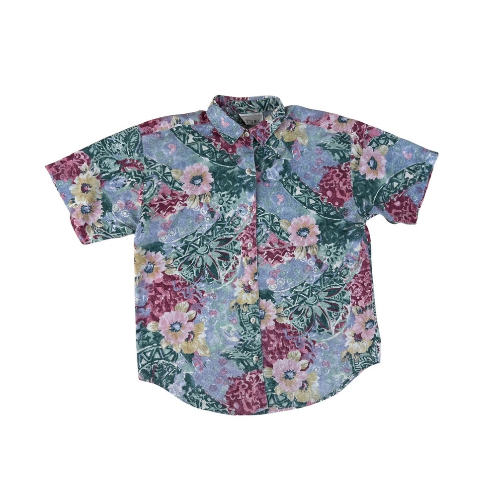 Casey & Max L Shirt Vintage Floral 90s Cotton Button Down Short Sleeve